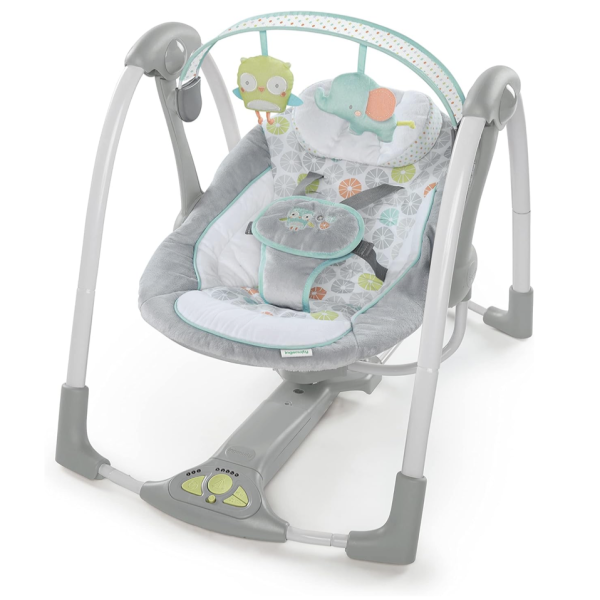 Balançoire portable Swing 'n Go - Hugs and Hoots, 5 vitesses de swing, 8 mélodies apaisantes, barre à jouets amovible, nouveau-né et plus, gris
