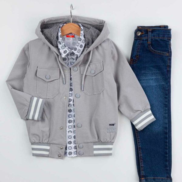 BOYS 5/8 YEARS OLD HOODED 3-PIECE SET WITH SNAP BUTTONS