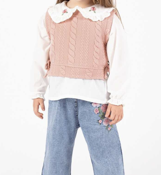 ENSEMBLE 3 PIÈCES GILET EN MAILLE POUR FILLE 2/5 ANS